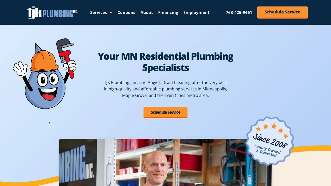 Actual TJK Plumbing homepage with its illustrated plumbing mascot and family-owned badge
