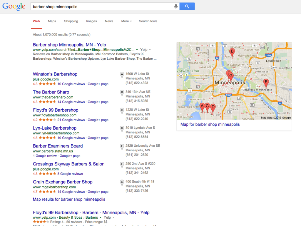 Old 7 Pack before the 3 Pack Local SEO Update Google My Business Optimization